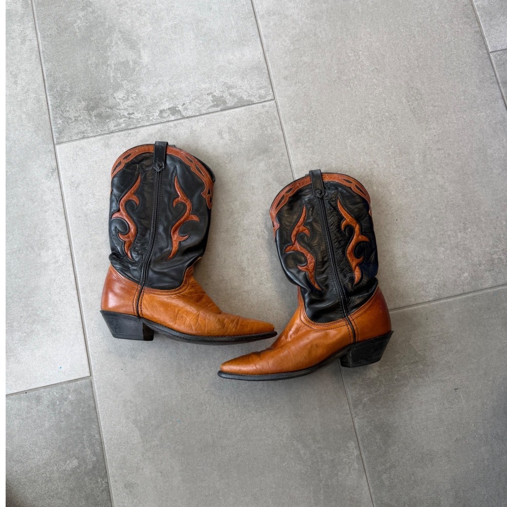 Vintage Dingo USA Leather Cowboy Boots Womens 7.5 Black Tan Western Flame 088095